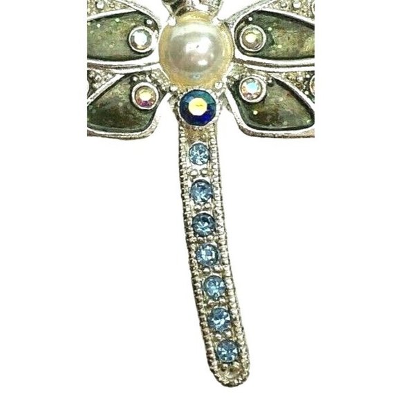 Silver Tone Dragonfly Brooch w/ Faux Pearl AB Rhinestones & Glitter Lucite Wings - Picture 2 of 5